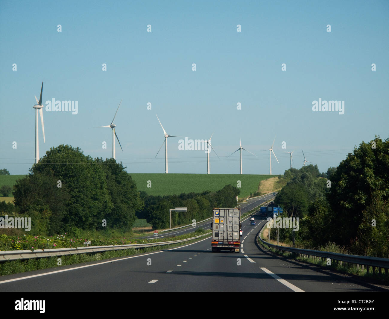 Wind farm alongside the A26 autoroute in northern France Stock Photo