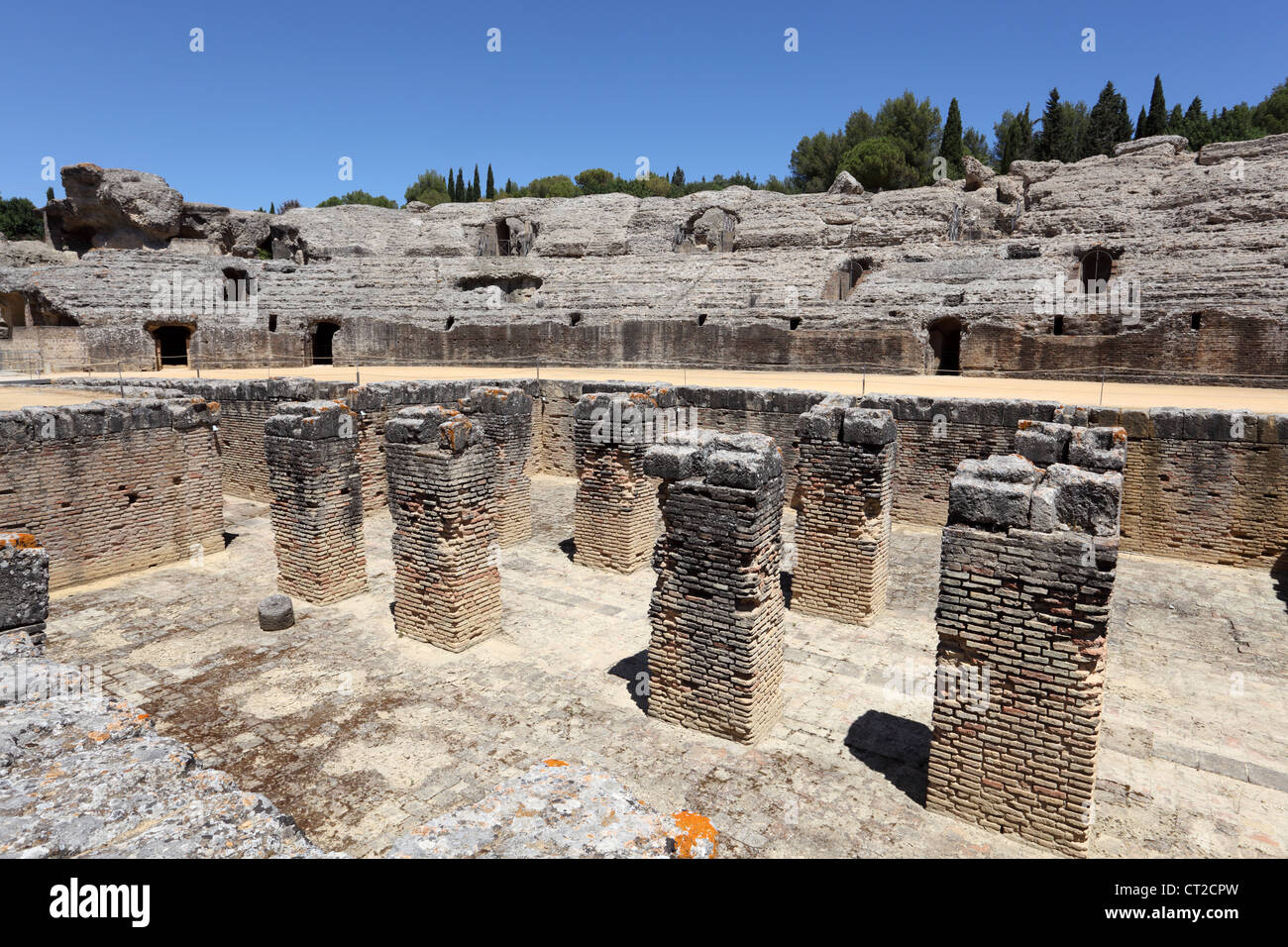 Roman Amphitheater ruin Italica. Province Seville, Andalusia Spain Stock Photo