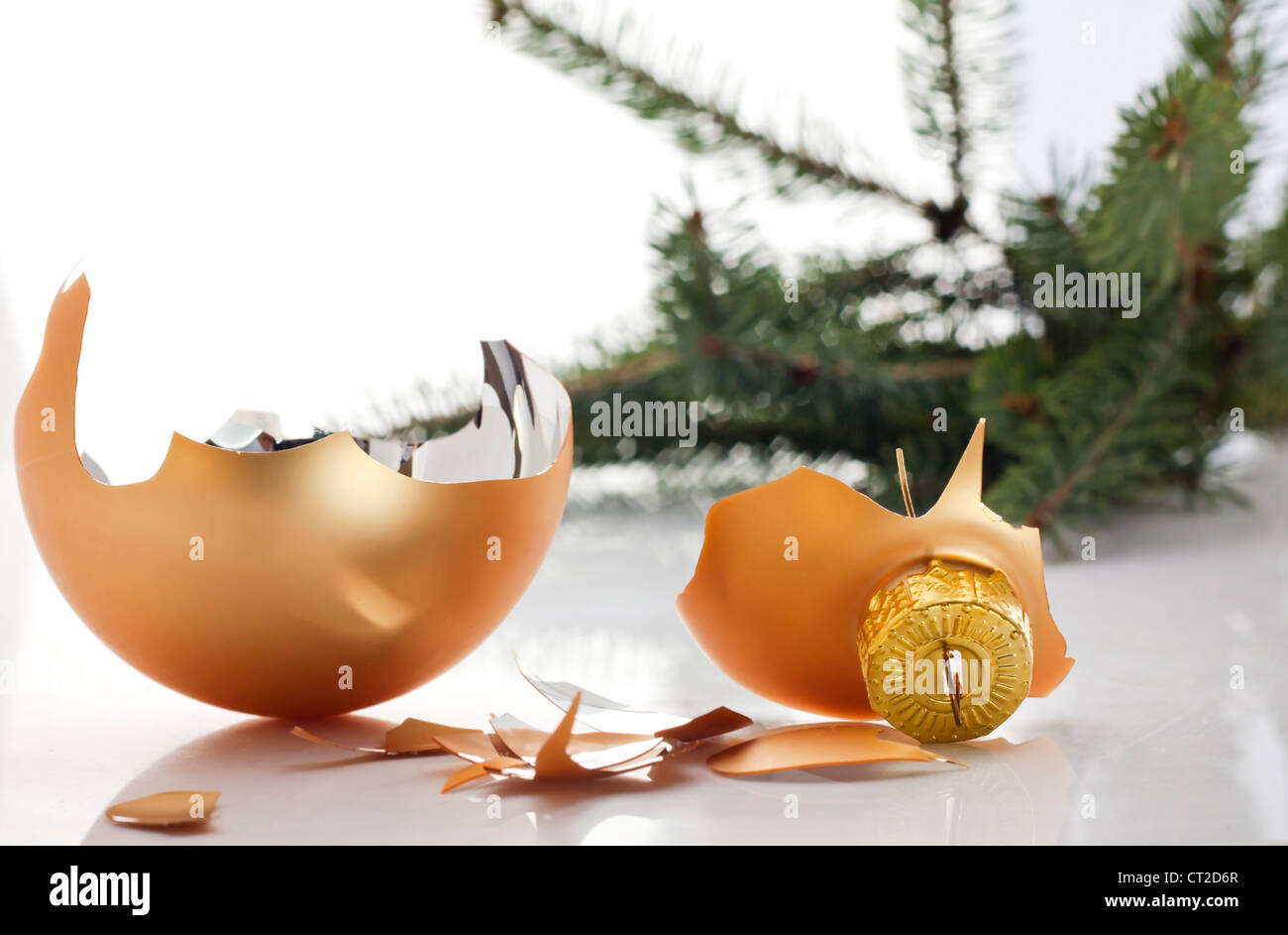Concept of the end of Christmas with broken bauble Stock Photo