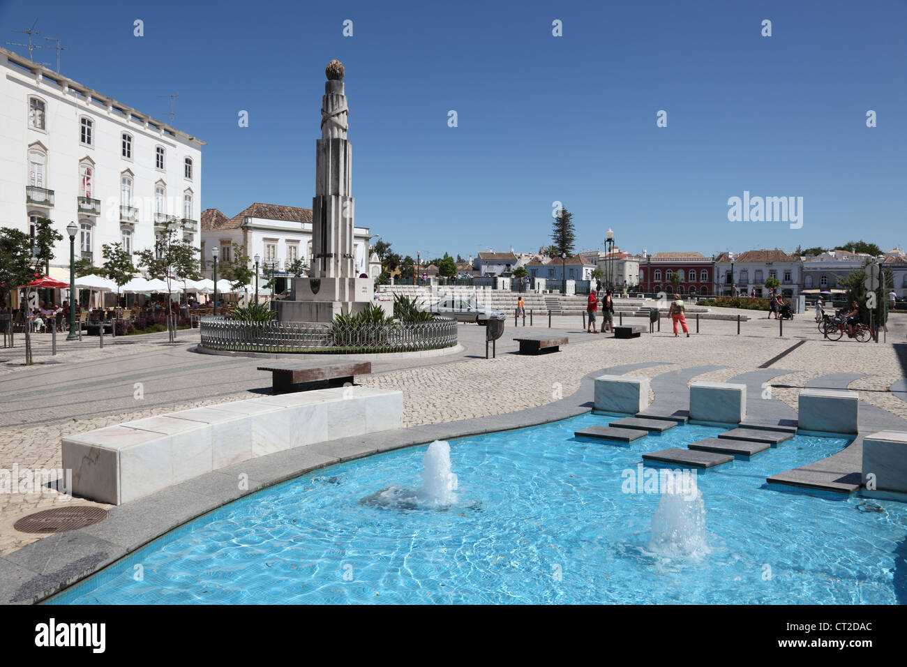 Town square with fountain in Tavira, Algarve Portugal Stock Photo