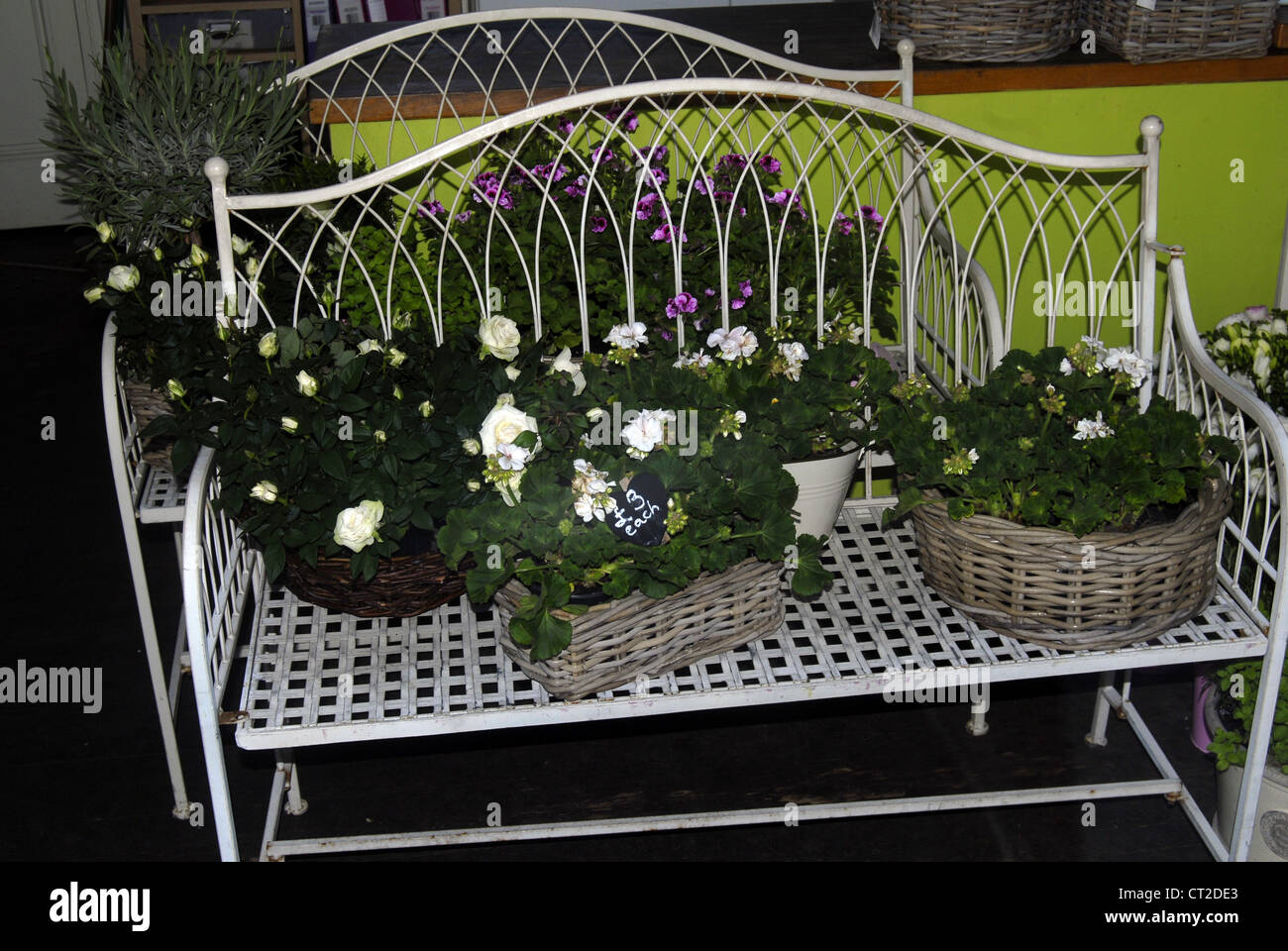 Bench with floral baskets on it Stock Photo