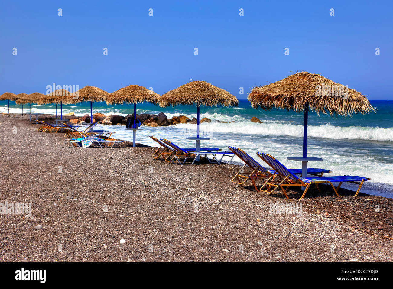 Kamari Beach Kamari, Santorini, Greece - empty during the economic crisis Stock Photo