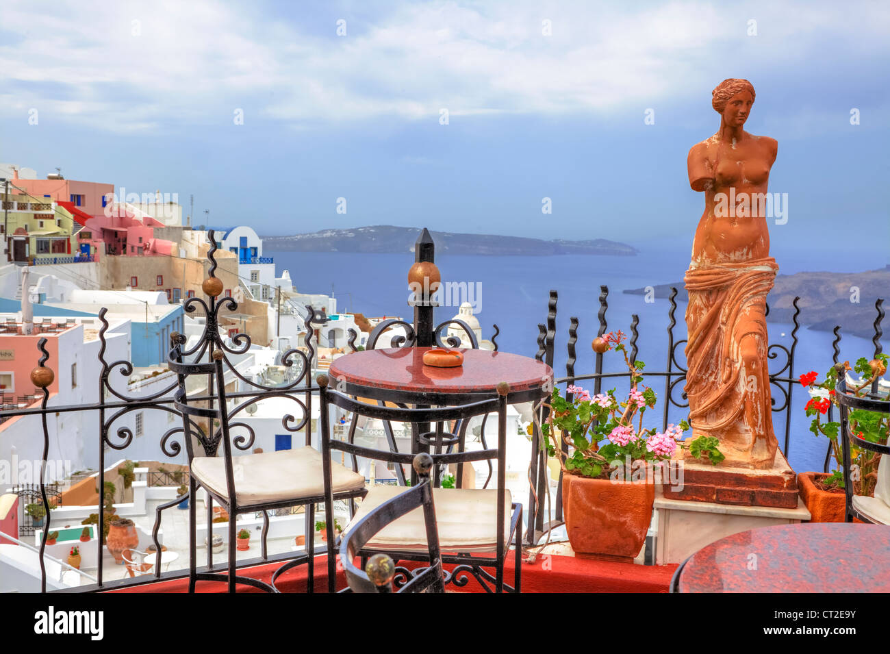 Overlooking the Aegean Sea in Fira, Santorini, Greece Stock Photo