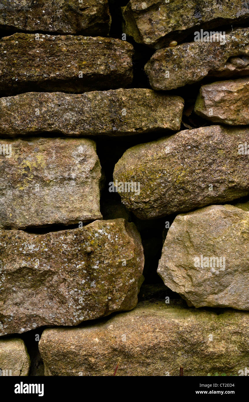 Dry-stone wall / detail of sandstone blockwork - Cotswolds. Visual allegory for 'firewall' or file 'access denied', falling apart. Irregular wall. Stock Photo