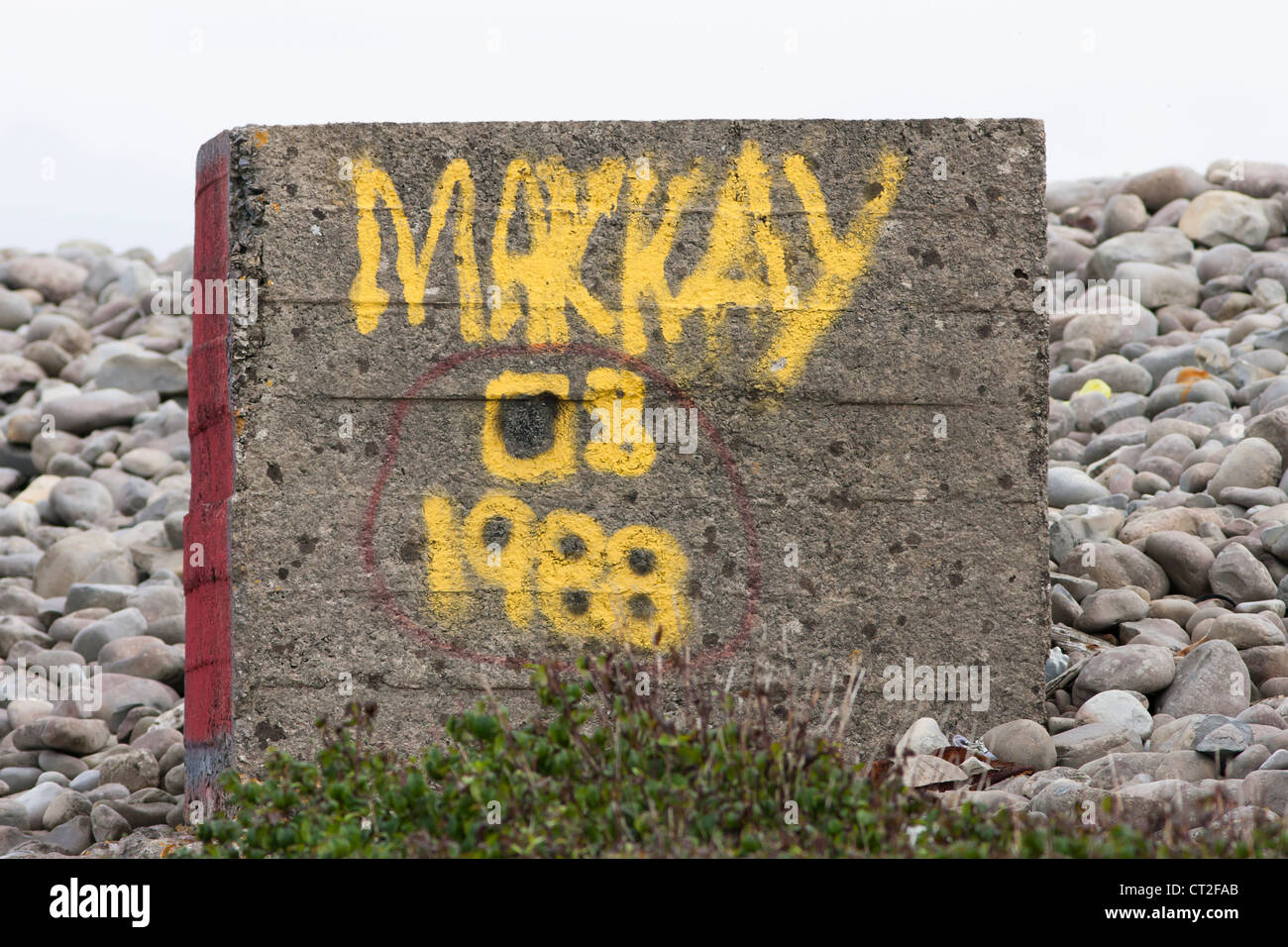 World war two concrete tank trap block on pebble beach with graffiti