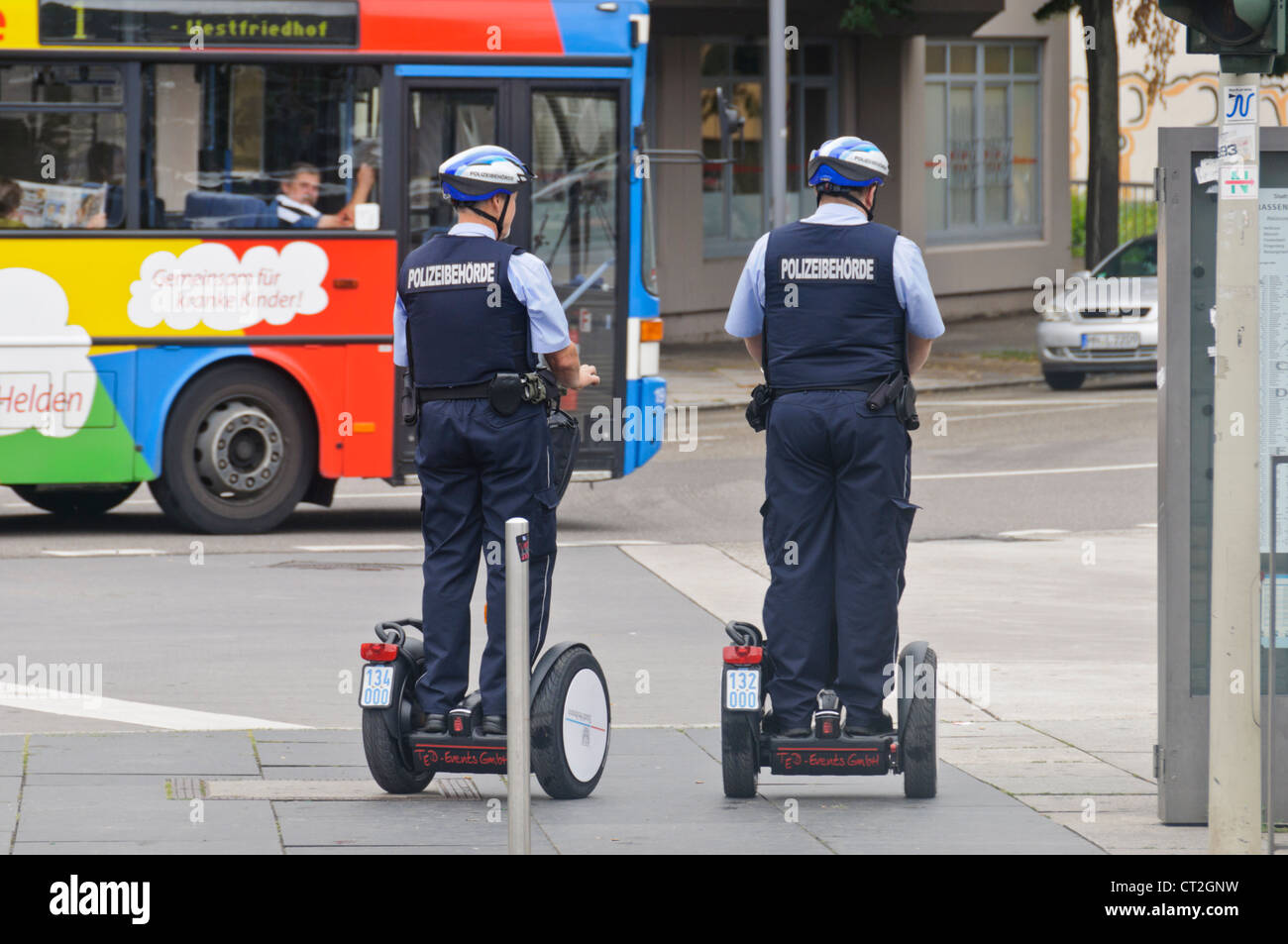 2 German Police Officers On Patrol with Segway Personal Transporter - Heilbronn Germany Stock Photo