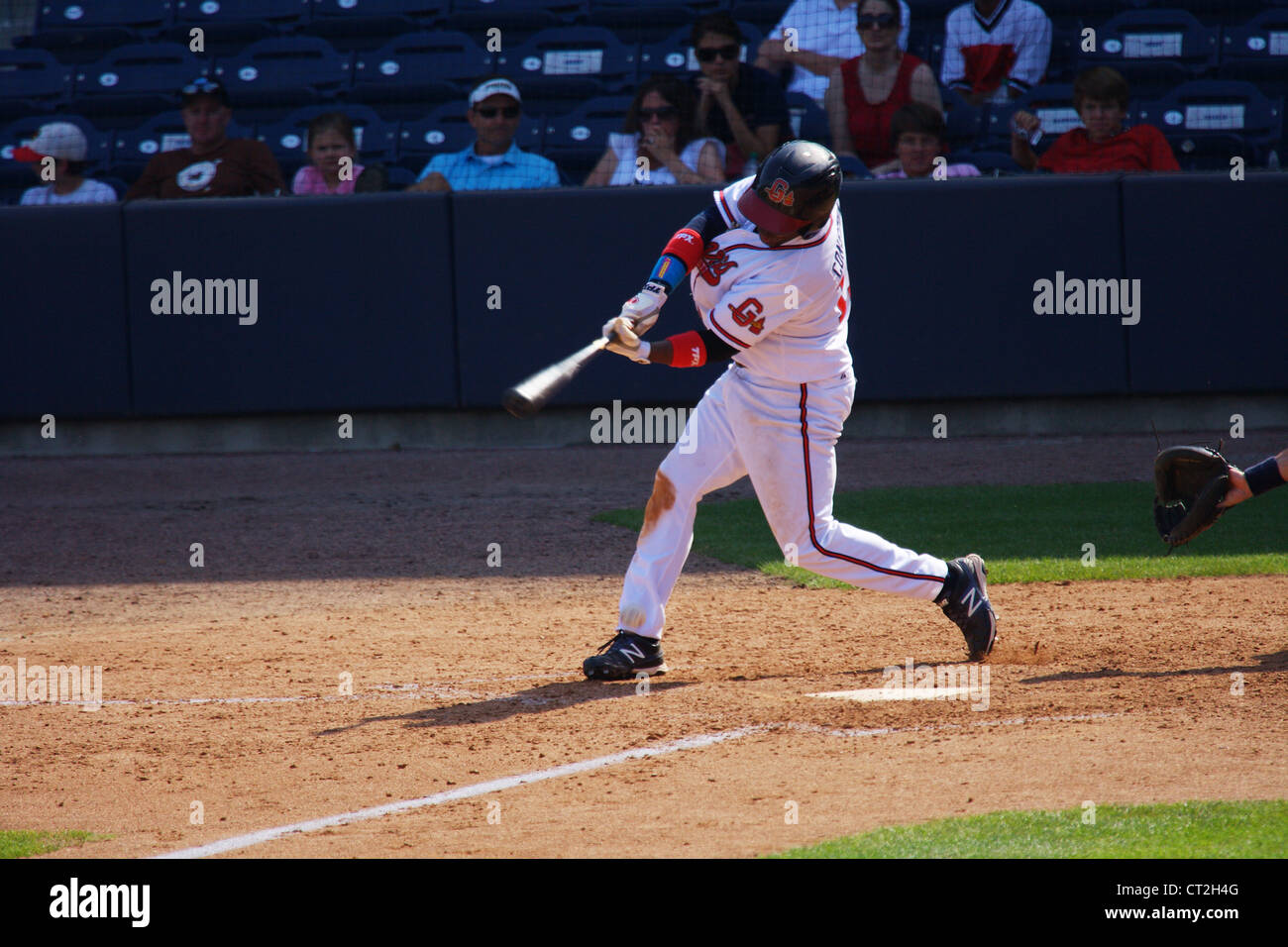 Left handed batter checks his swing. Third base umpire's view for