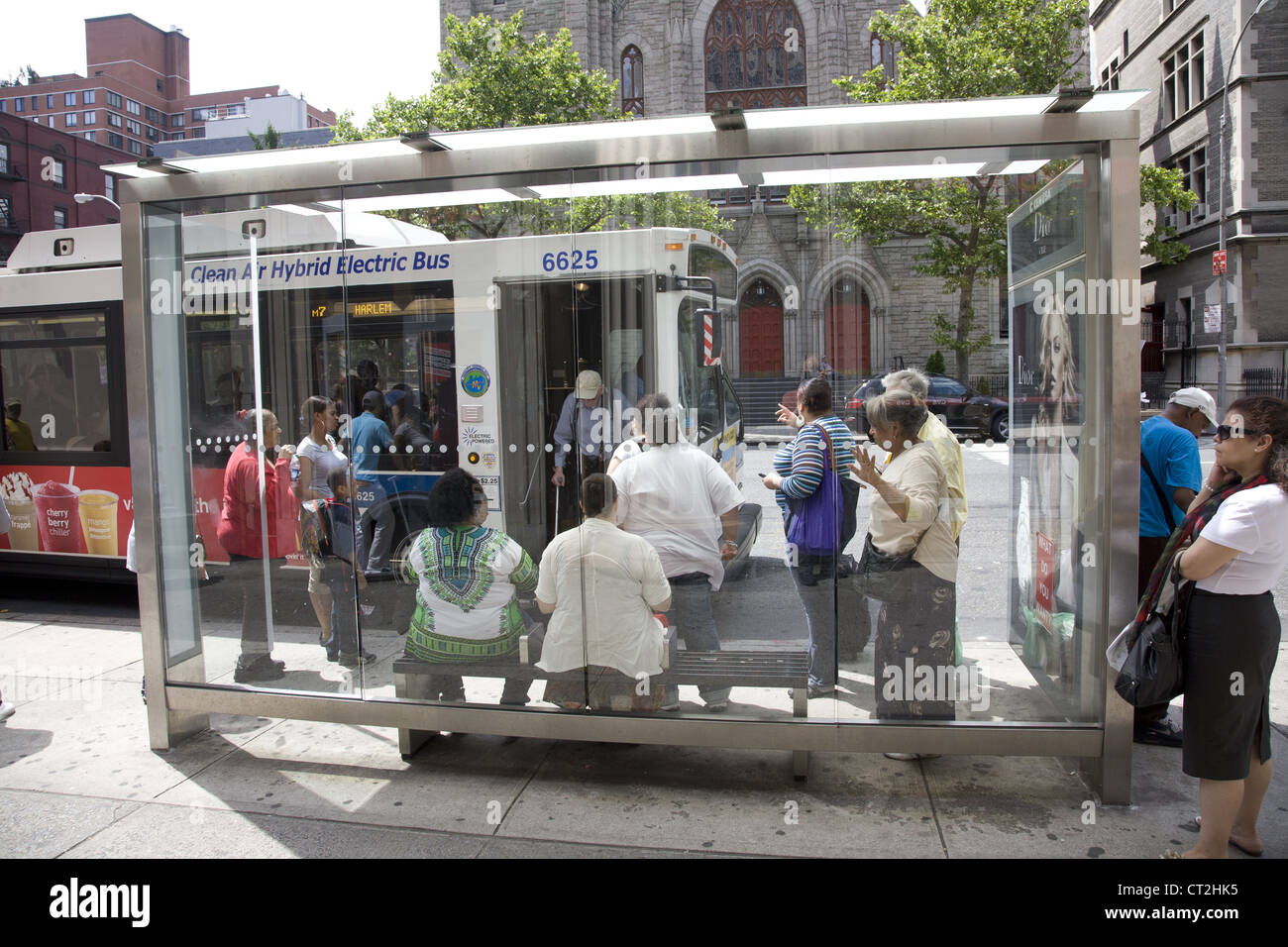 Bus Stop along Amsterdam Ave. on the Upper West Side of Manhattan Stock