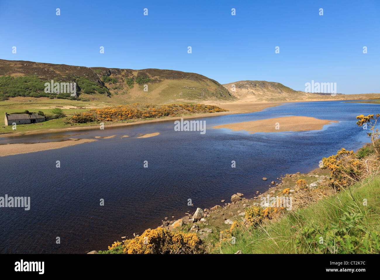 View across River Naver estuary on the Scottish north coast in summer near Bettyhill, Sutherland, Highland, Scotland, UK, Britain Stock Photo