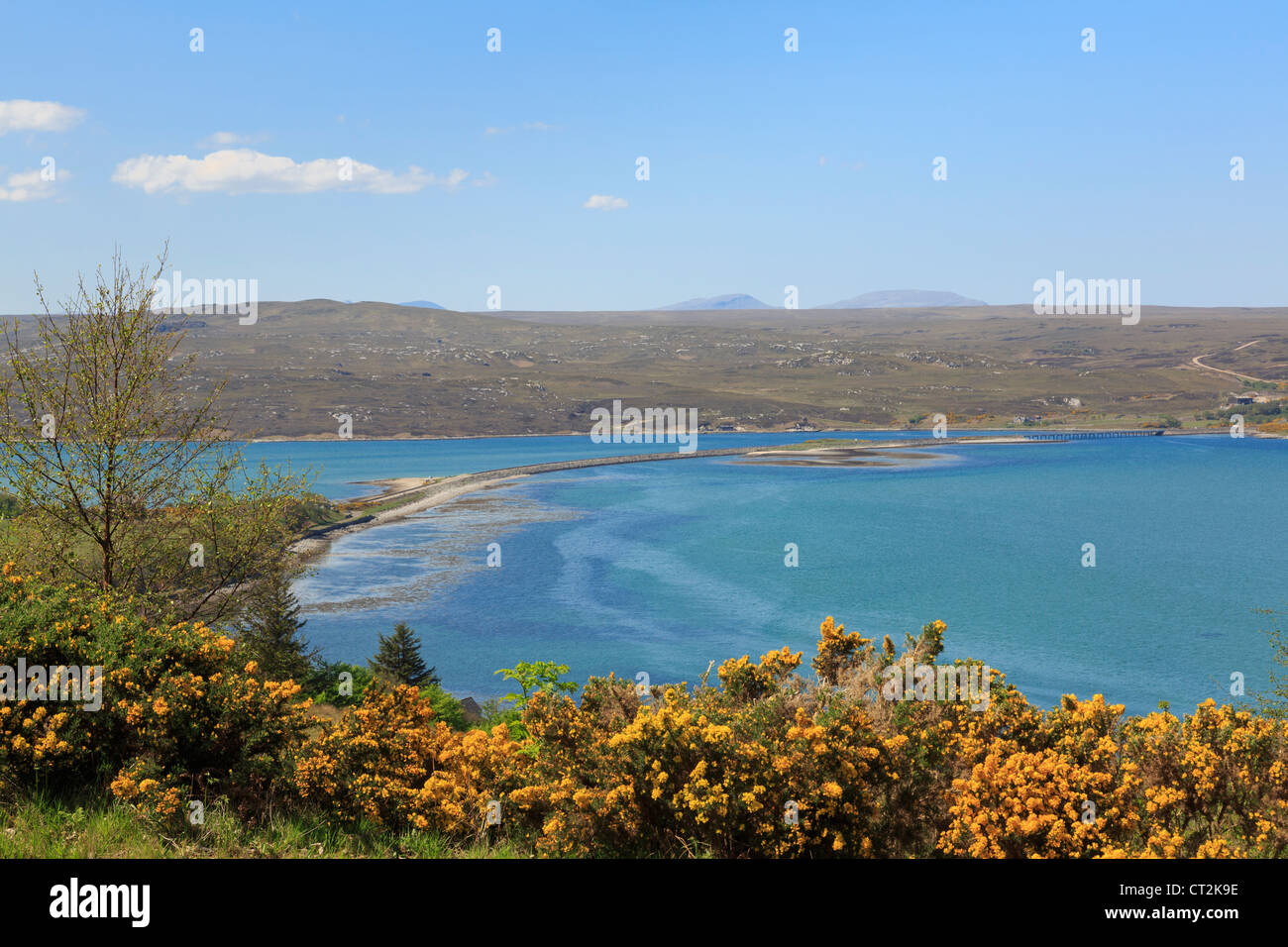 View to North and West Highlands Tourist Route causeway and bridge across Kyle of Tongue, Sutherland, Highland, Scotland, UK Stock Photo