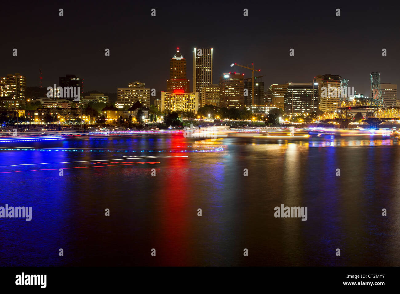 Boat Lights Trails Along Willamette River the City Skyline of Portland