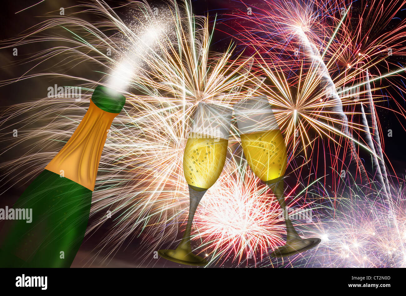 Champagne Bottle and Two Flutes Toasting with Fireworks Background Stock Photo