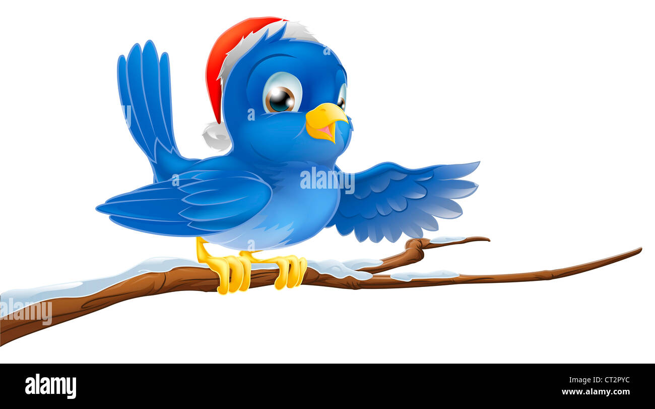 A Christmas bluebird in a Santa hat pointing with its wing Stock Photo ...