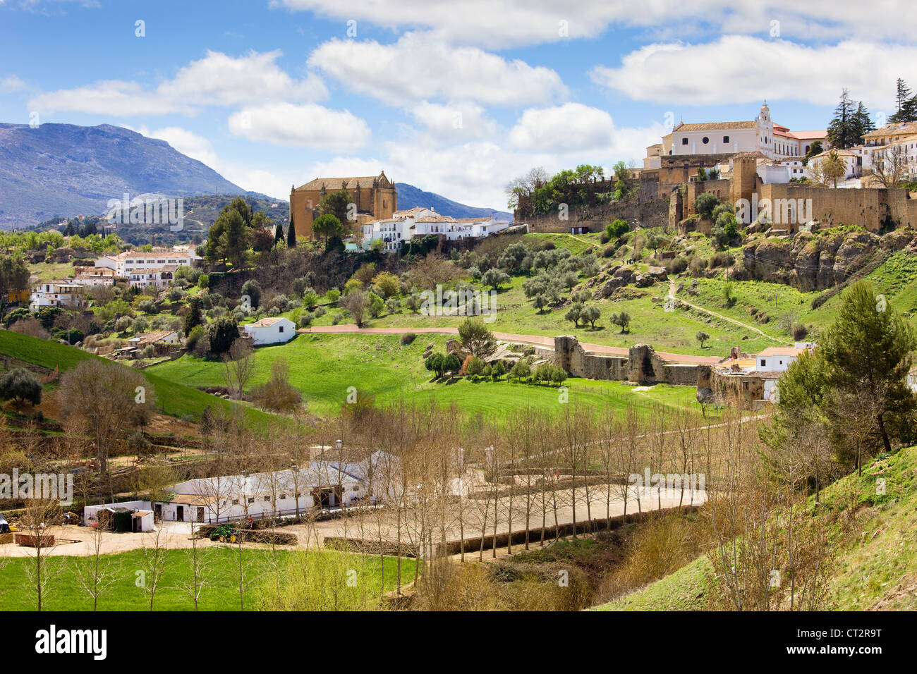 Scenic Andalusia landscape, old town of Ronda on a green hills, stud farm in a valley, southern Spain, Malaga province. Stock Photo