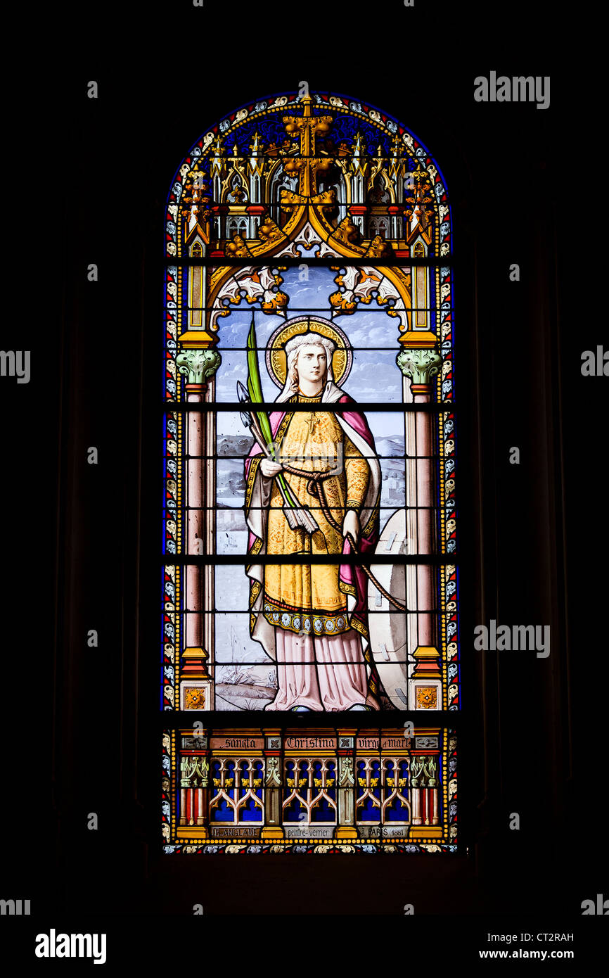 Santa Christina on stained glass window from 1881 by the J.B. Anglade in the San Jeronimo el Real Church in Madrid, Spain. Stock Photo