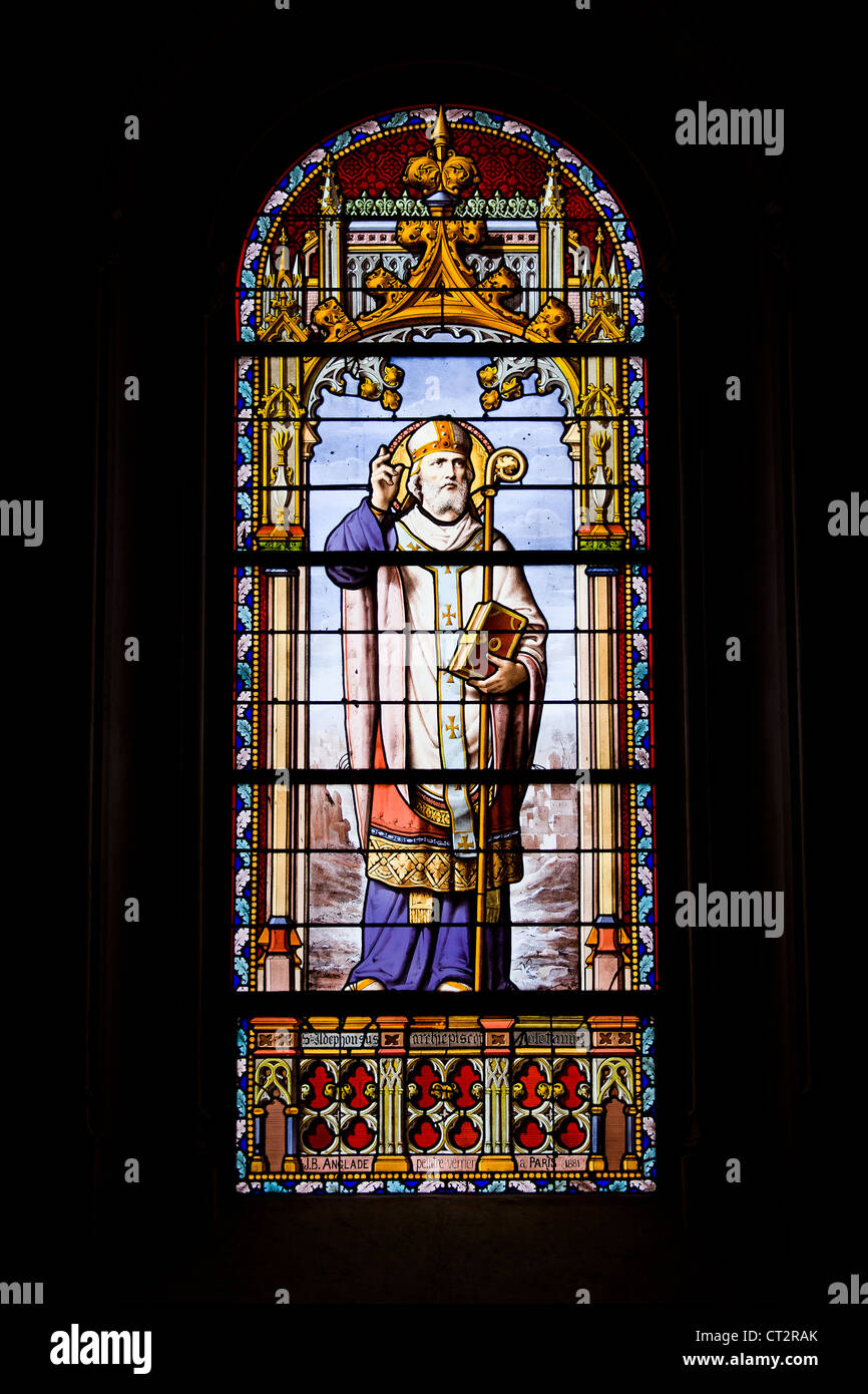 Archbishop on the stained glass window from 1881 by the J.B. Anglade in the San Jeronimo el Real Church in Madrid, Spain. Stock Photo