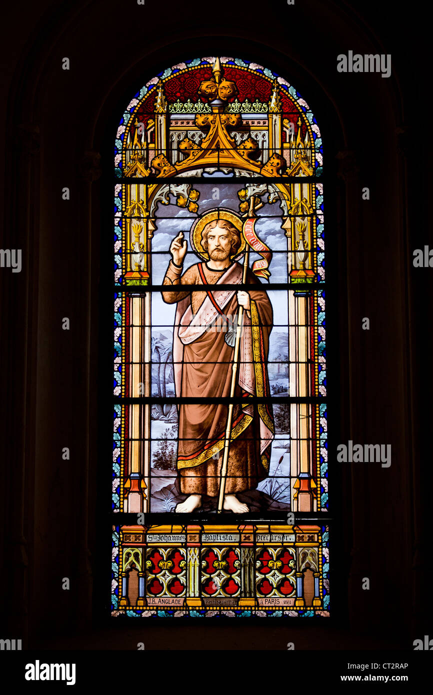 John the Baptist, Precursor stained glass window from 1881 by the J.B. Anglade in San Jeronimo el Real Church in Madrid, Spain. Stock Photo