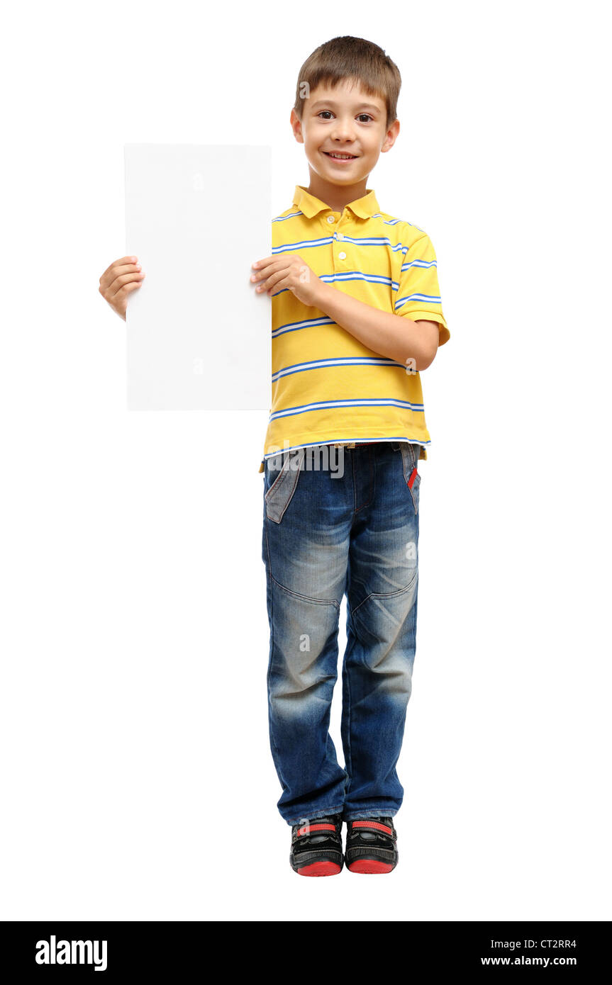 Child holding blank poster isolated on white background Stock Photo - Alamy