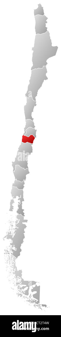 Political map of Chile with the several regions where O'Higgins is highlighted. Stock Photo