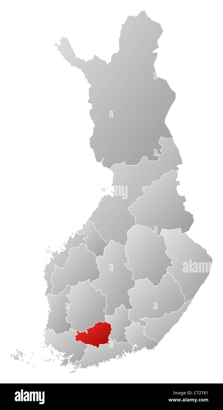 Political map of Finland with the several regions where Tavastia Proper is highlighted. Stock Photo