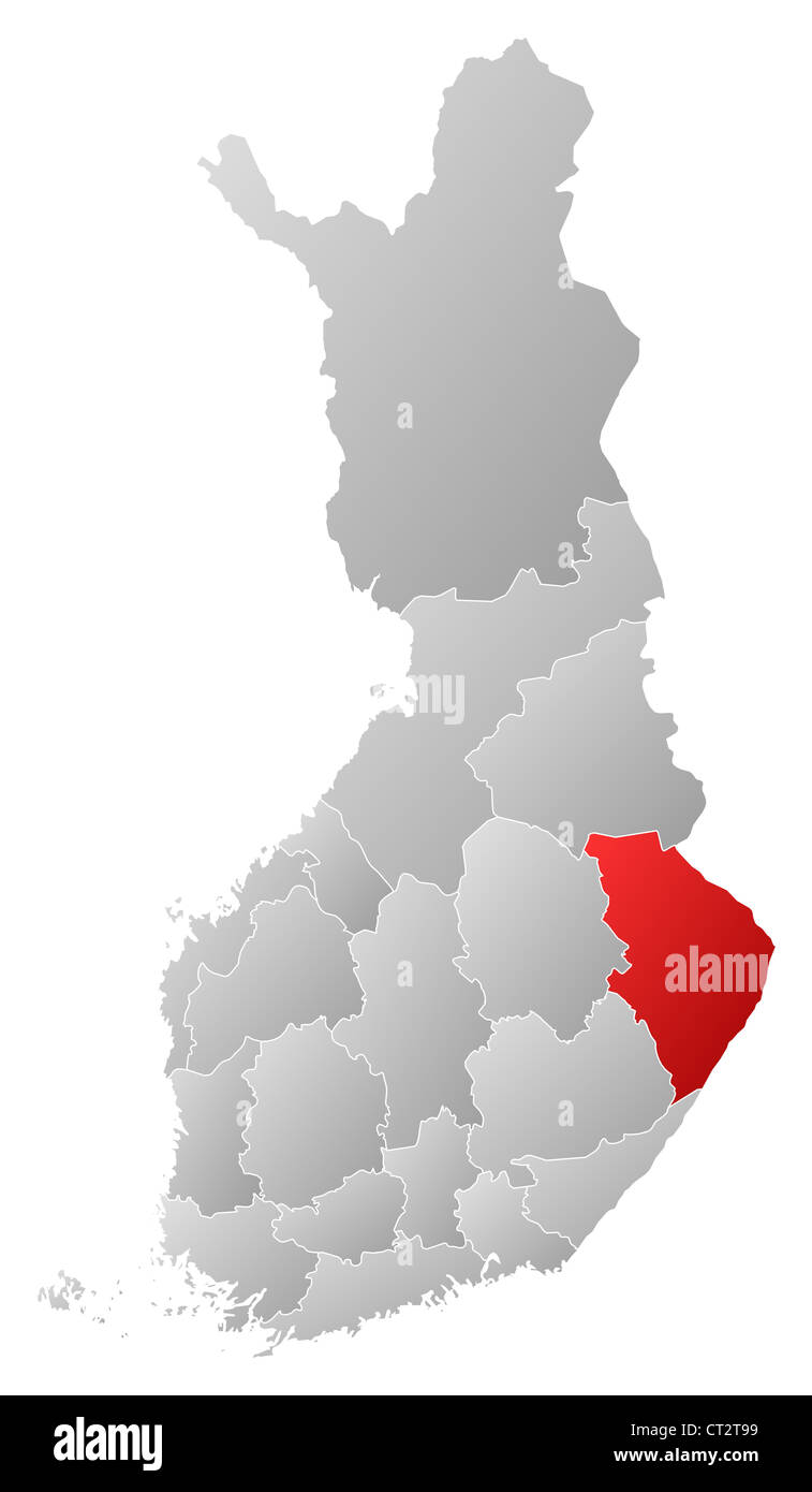 Political map of Finland with the several regions where North Karelia is highlighted. Stock Photo