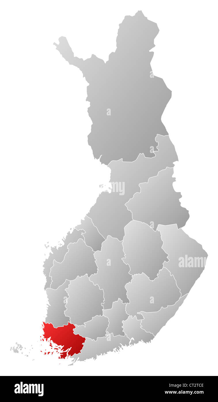 Political map of Finland with the several regions where Finland Proper is highlighted. Stock Photo
