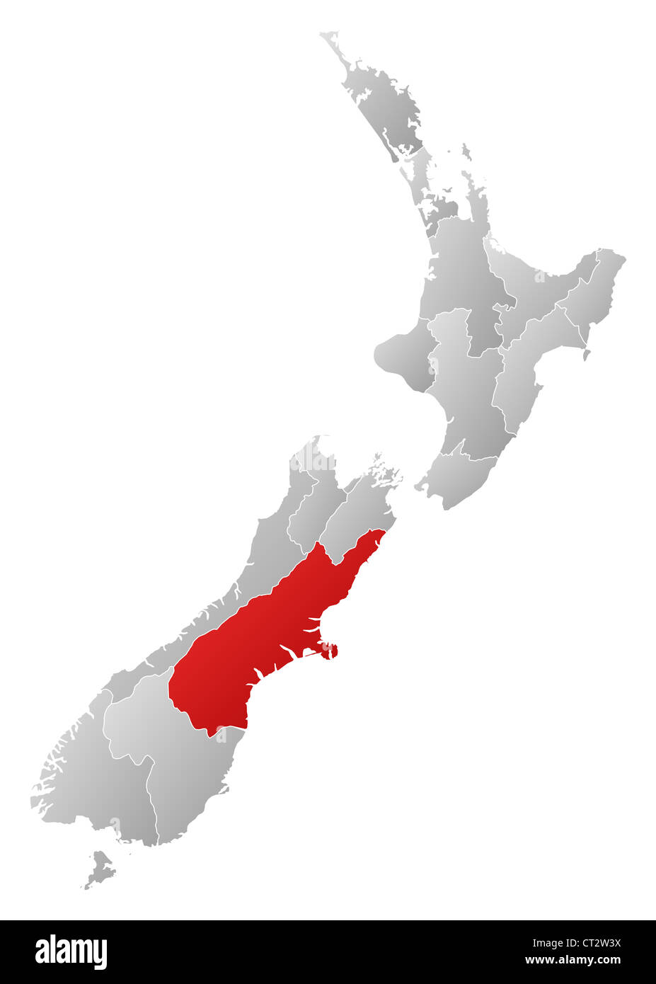Political map of New Zealand with the several regions where Canterbury is highlighted. Stock Photo