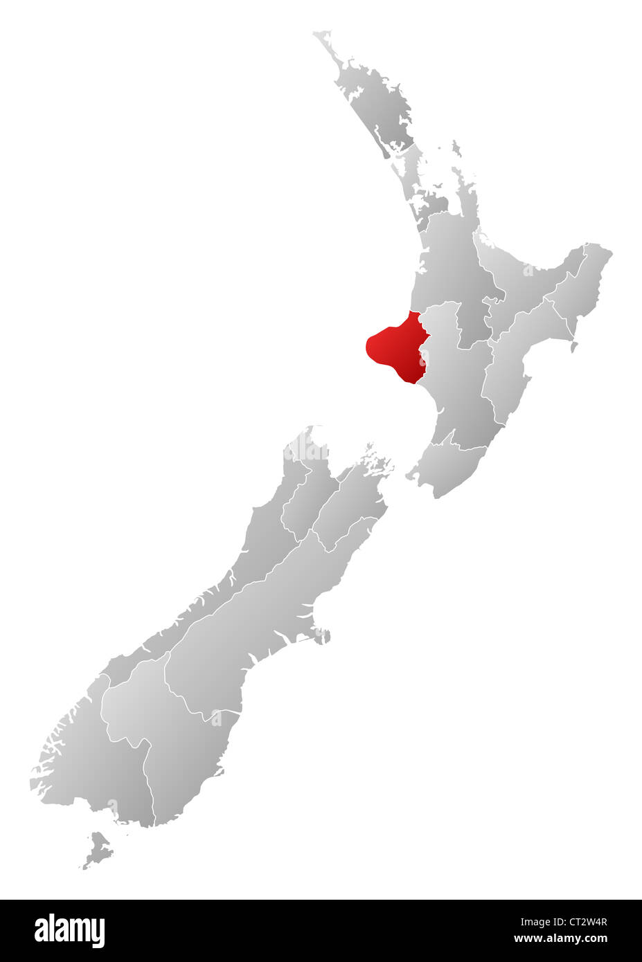 Political map of New Zealand with the several regions where Manawatu-Wanganui is highlighted. Stock Photo