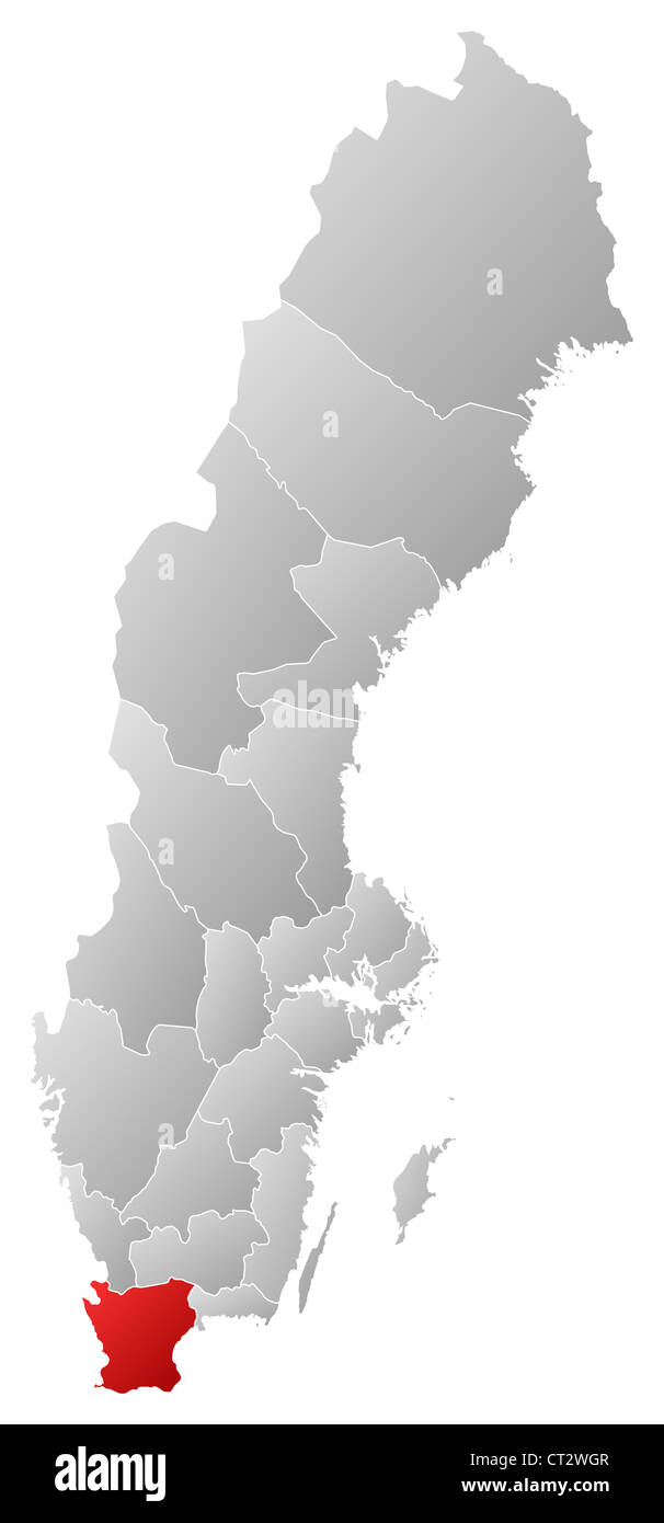 Political map of Sweden with the several provinces where Skane County is highlighted. Stock Photo