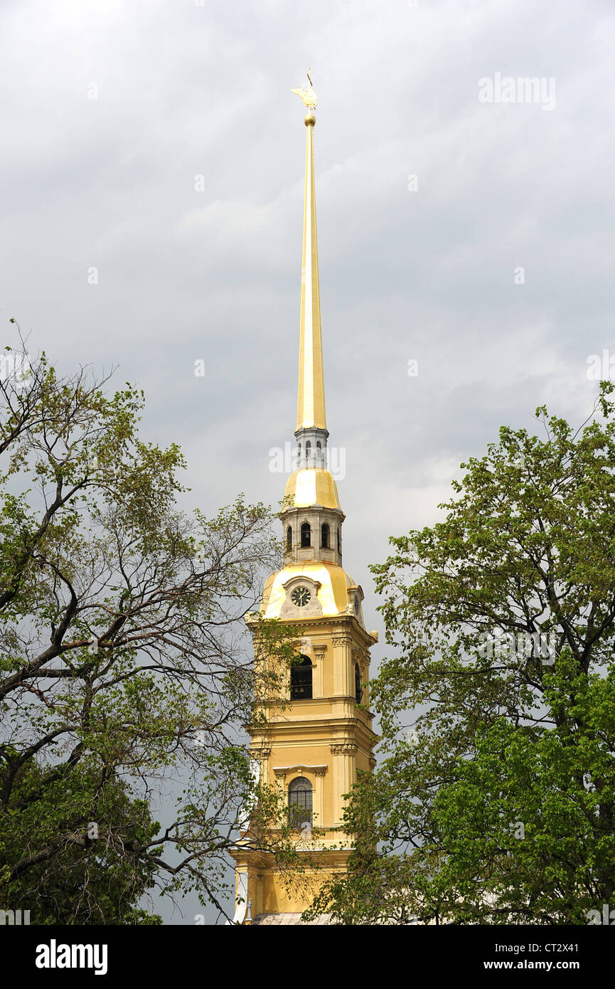 Gilded spire of the Peter and Paul Cathedral inside the fortress in St. Petersburg Stock Photo