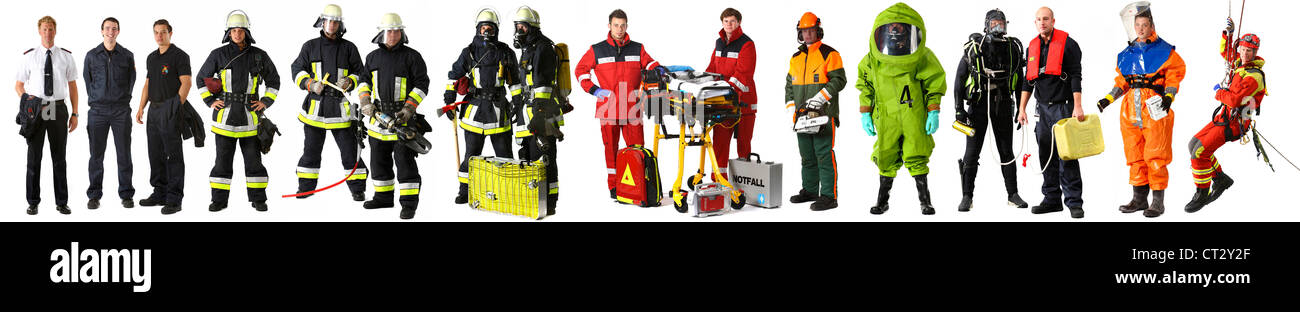 Firefighters, in various uniforms, suits, with different equipments, for a variety of operational situations Stock Photo