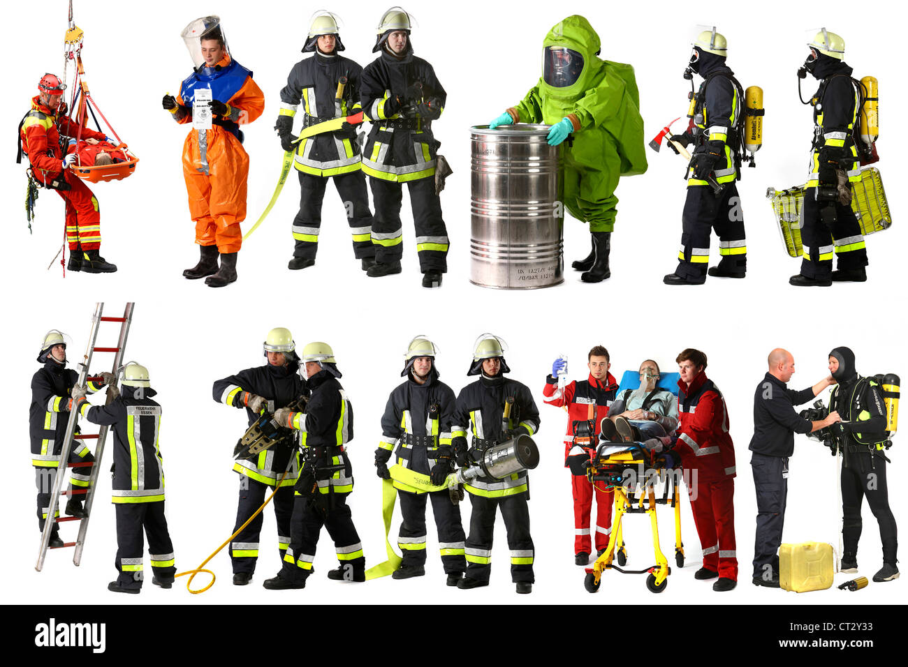 Firefighters, in various uniforms, suits, with different equipments, for a variety of operational situations Stock Photo