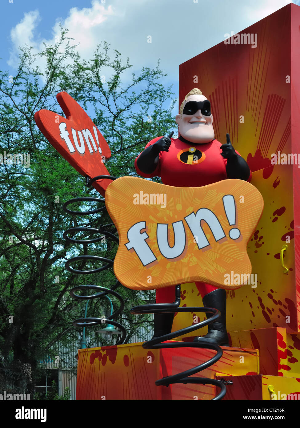 Mr Incredible (Bob Parr) from the Incredibles on a float. Disney theme parks Stock Photo
