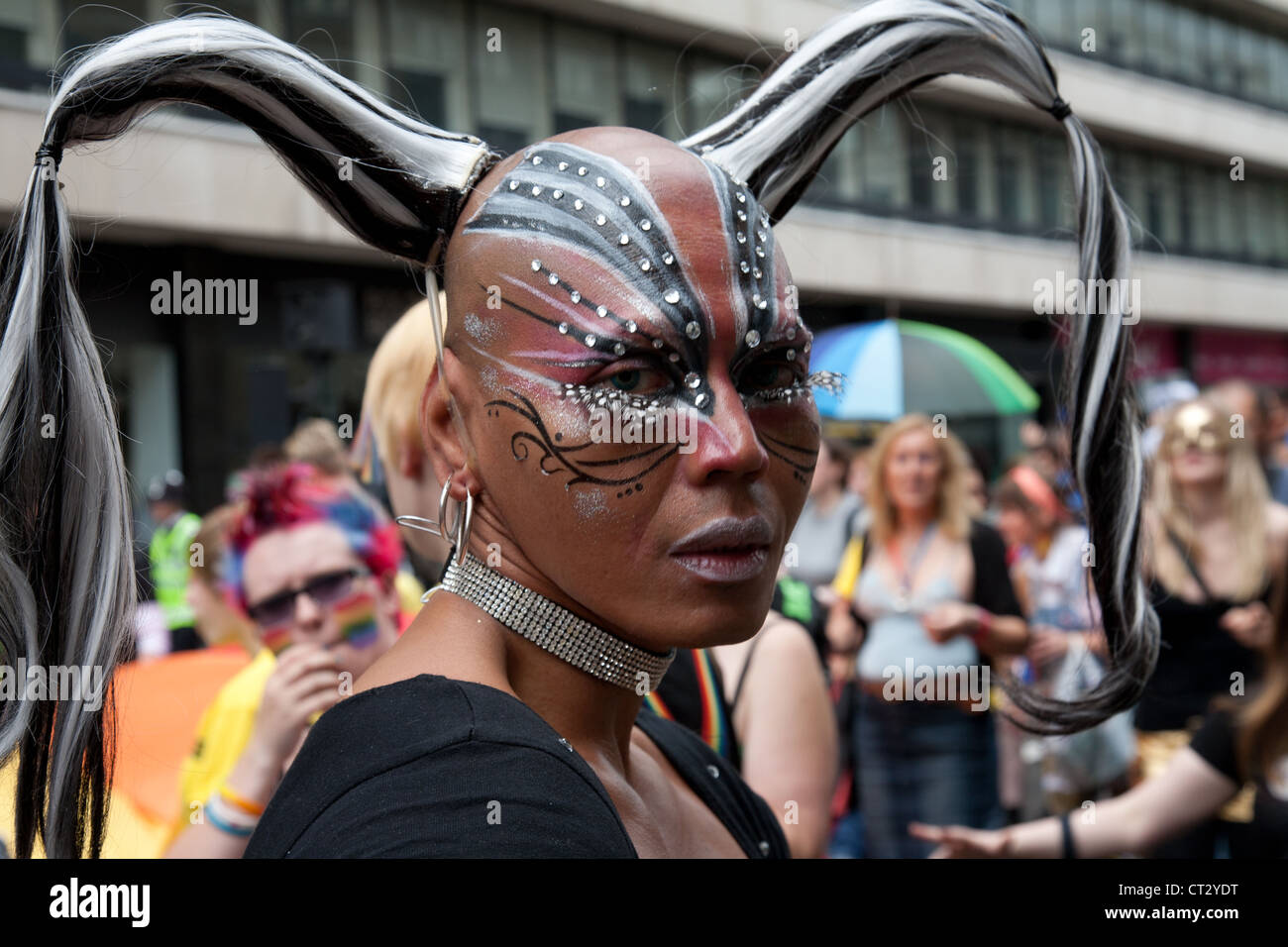 Celebrations during world pride London, with dancing singing and drag queens Stock Photo