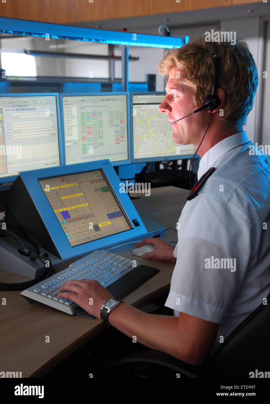Control center of the fire department. Emergency call center. Stock Photo