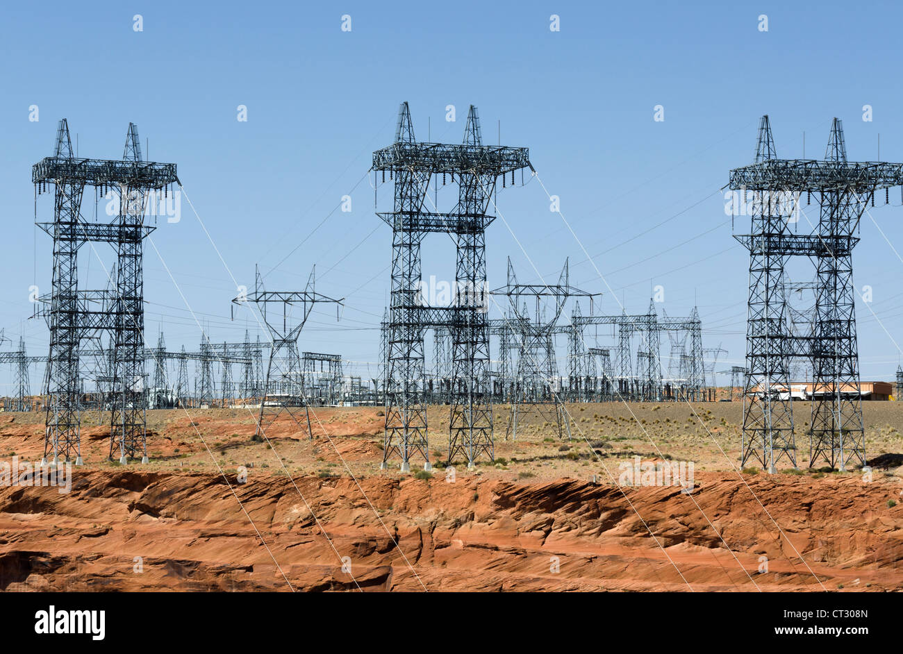 power lines on the dam of Lake Powell in Page Stock Photo