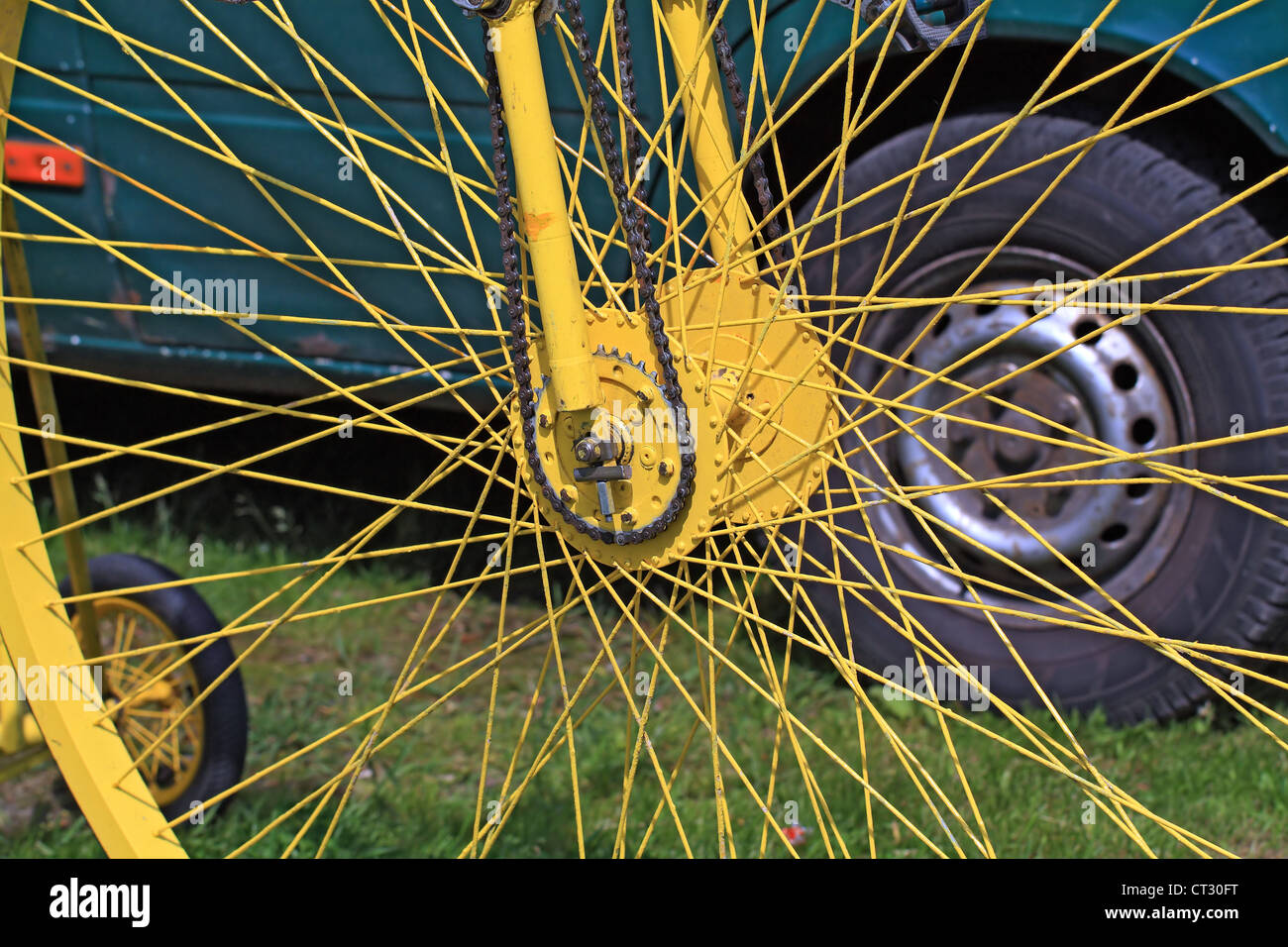 yellow bicycle wheel Stock Photo
