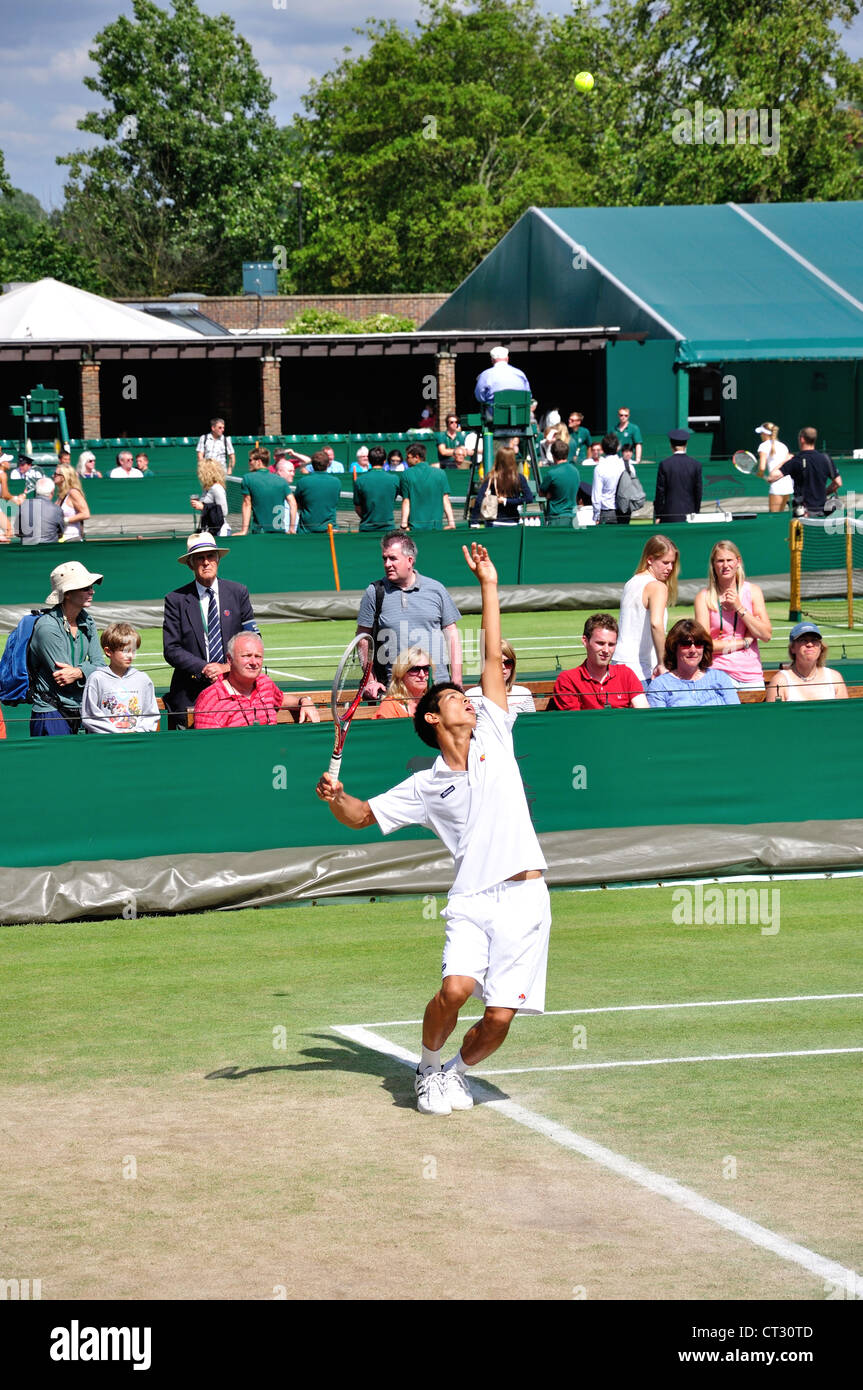 Boy's match on outside courts at The Championships, Wimbledon, Merton Borough, Greater London, England, United Kingdom Stock Photo
