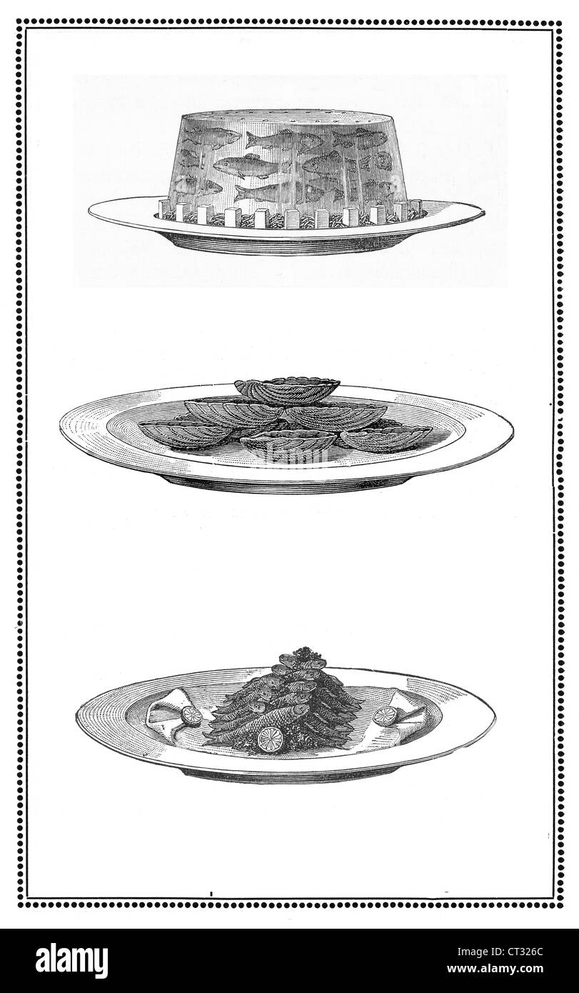 Engravings of fish dishes: aspic of anchovies, deep fried sardines and clams. Stock Photo