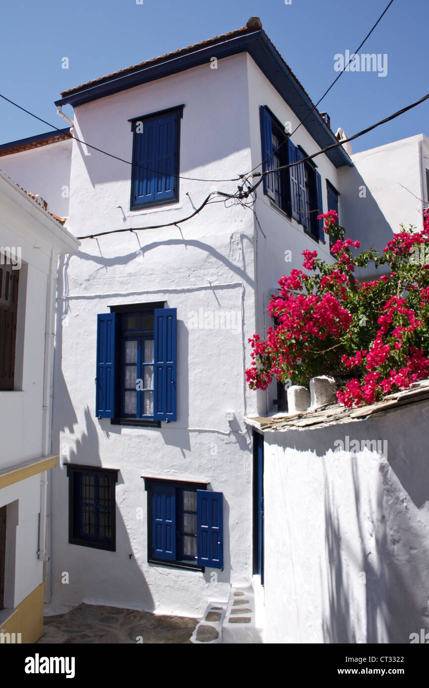 High angle view of traditional white washed houses on a Greek