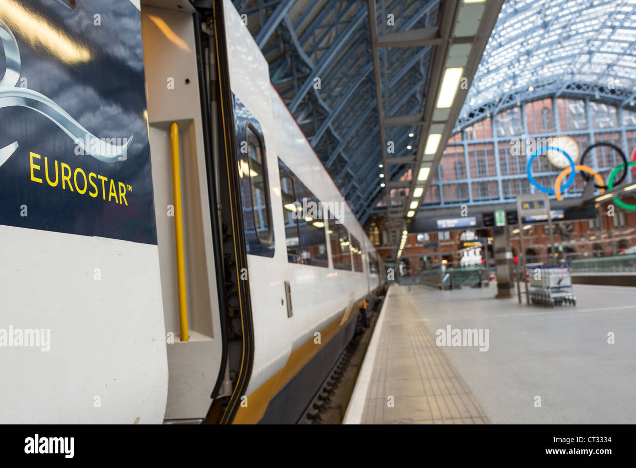 Eurostar train waits in the London Train station.  The 2012 Olympics nears. Stock Photo