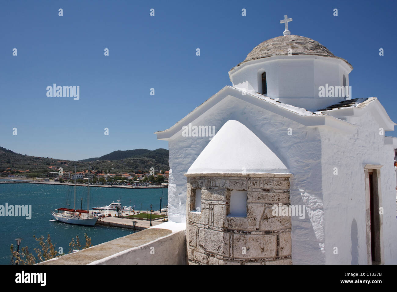 The Chapel of Aghioi Pantes above Skopelos harbour, Skopelos town, on the Greek island of