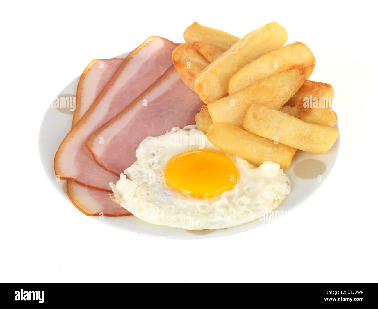 Freshly Cooked Ham Fried Egg, Sunny Side Up, And Chips Ready To Eat
