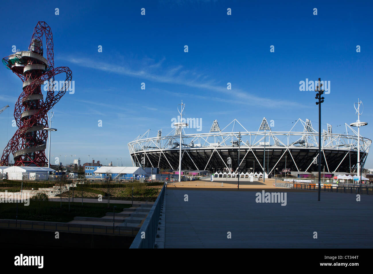 The Olympic Stadium with The Arcelor Mittal Orbit viewed from Stratford way, London, UK Stock Photo