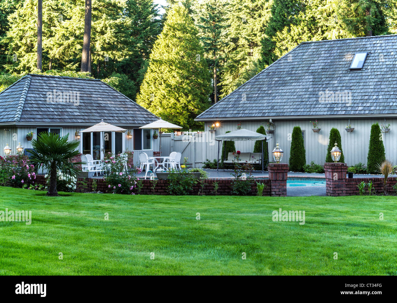 Large Backyard With Plush Green Grass Trees Pool And Home In