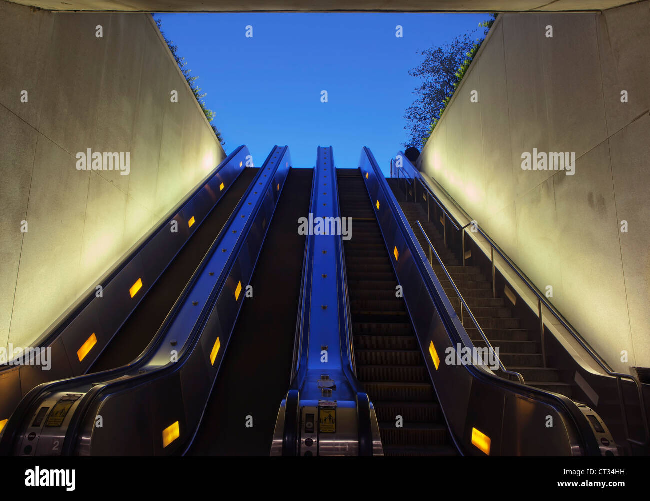 The Smithsonian metro station entrance escalators at first light.part of the Washington D.C. metro system Stock Photo
