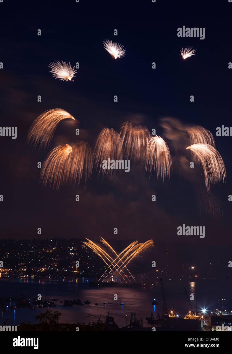 Waterfall shaped Fireworks in Seattle Washington on summer night Stock
