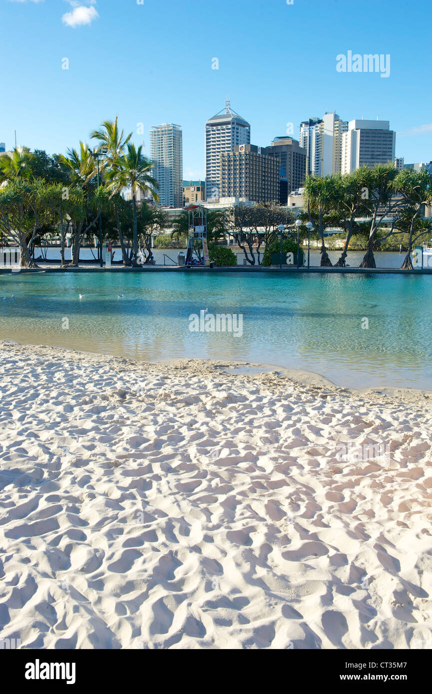 Streets beach at the South Bank Parklands within view of the city centre of Brisbane in view, Queensland, Australia Stock Photo