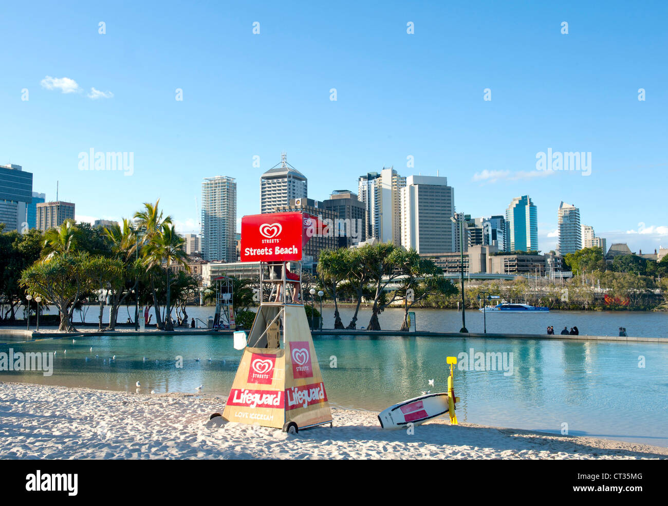 Streets beach at the South Bank Parklands within view of the city centre of Brisbane in view, Queensland, Australia Stock Photo
