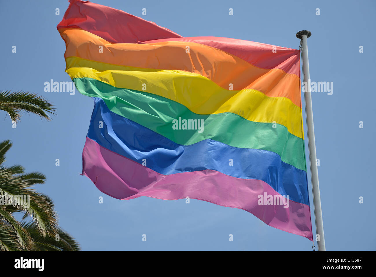 The Rainbow gay pride flag, Promenade des Anglais, Nice, Côte d'Azur, Alpes-Maritimes, Provence-Alpes-Côte d'Azur, France Stock Photo